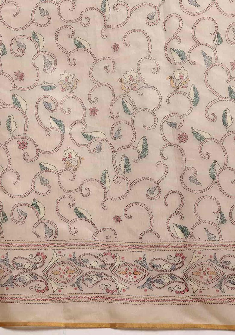 Multicolour Kalamkari Embroidered Cotton Blend Saree Set