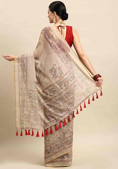 Multicolour Kalamkari Embroidered Cotton Blend Saree Set