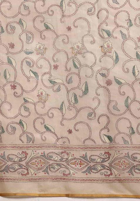 Multicolour Kalamkari Embroidered Cotton Blend Saree Set