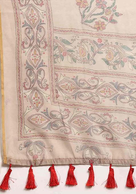 Multicolour Kalamkari Embroidered Cotton Blend Saree Set