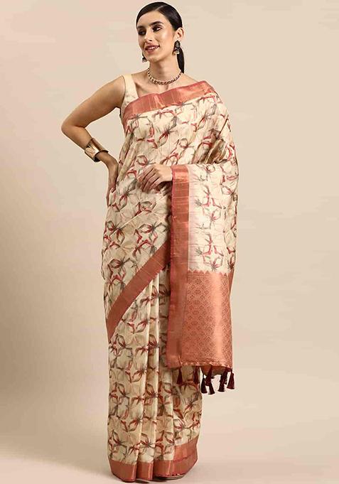 Beige Stripe Zari Embroidered Khadi Saree Set