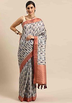 Grey Stripe Zari Embroidered Khadi Saree Set