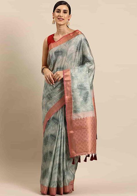 Turquoise Stripe Zari Embroidered Khadi Saree Set