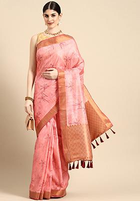 Pink Stripe Zari Embroidered Khadi Saree Set