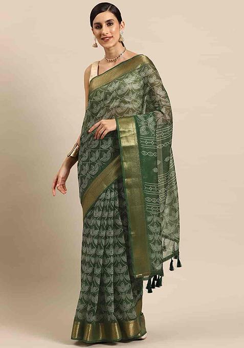 Green Zari Embroidered Cotton Blend Saree Set