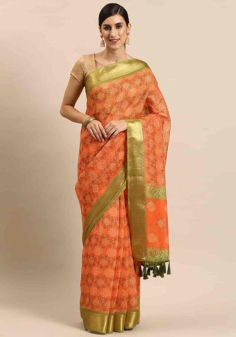 Orange Zari Embroidered Cotton Blend Saree Set