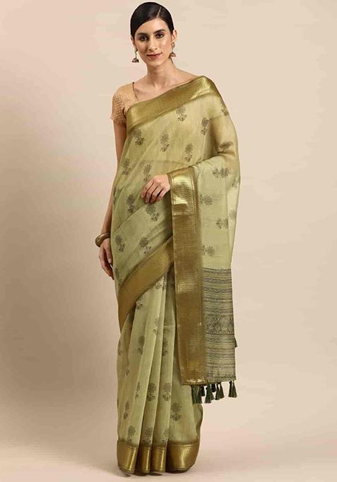 Green Block Print Cotton Blend Saree Set