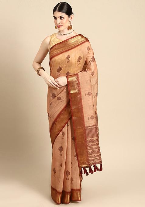 Brown Block Print Cotton Blend Saree Set