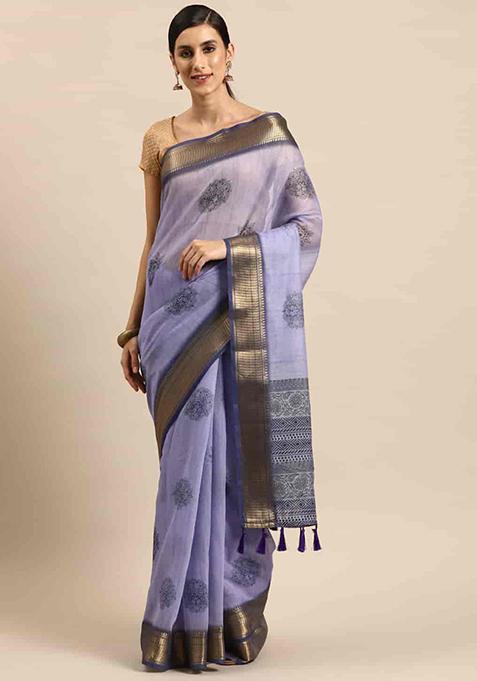 Blue Block Print Cotton Blend Saree Set