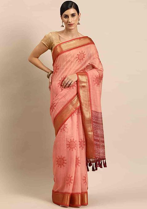 Peach Block Print Cotton Blend Saree Set