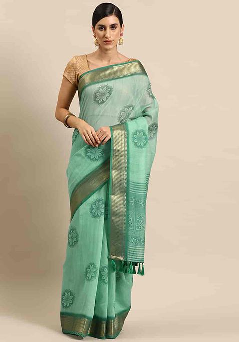 Turquoise Block Print Cotton Blend Saree Set