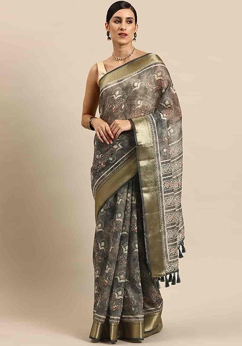 Black Block Print Cotton Blend Saree Set