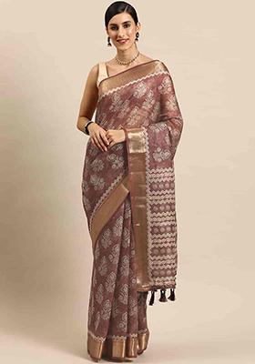 Maroon Block Print Cotton Blend Saree Set