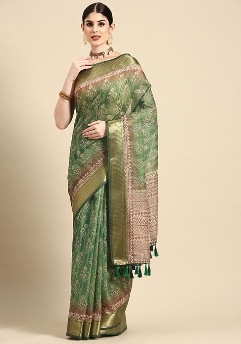 Dark Green Block Print Cotton Blend Saree Set