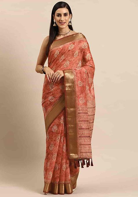 Red Block Print Cotton Blend Saree Set