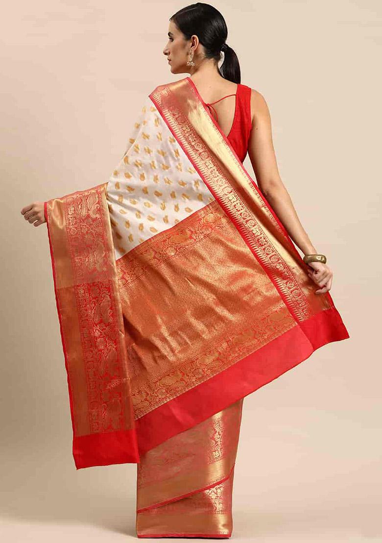 White Zari Embroidered Kota Silk Cotton Saree Set