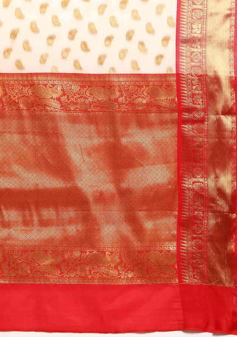 White Zari Embroidered Kota Silk Cotton Saree Set