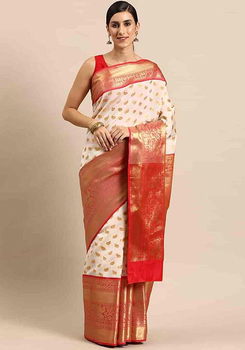 White Zari Embroidered Kota Silk Cotton Saree Set