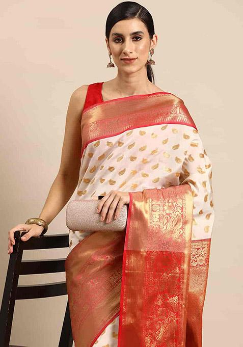 White Zari Embroidered Kota Silk Cotton Saree Set