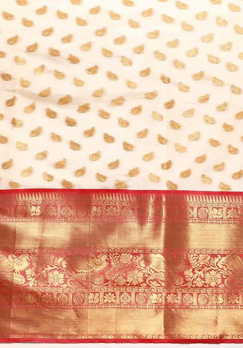 White Zari Embroidered Kota Silk Cotton Saree Set