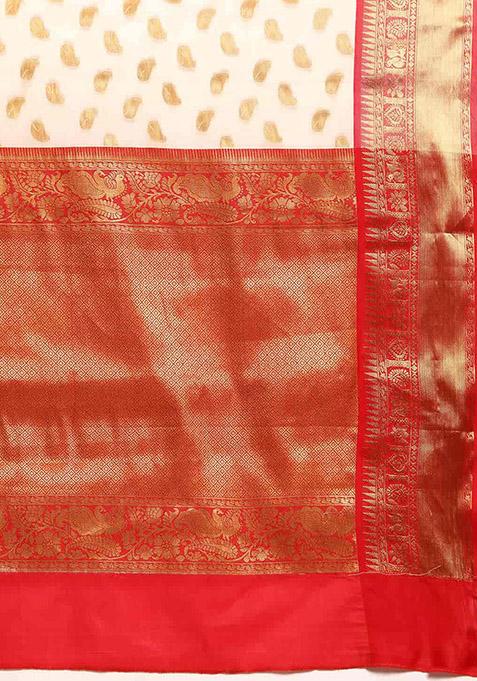 White Zari Embroidered Kota Silk Cotton Saree Set