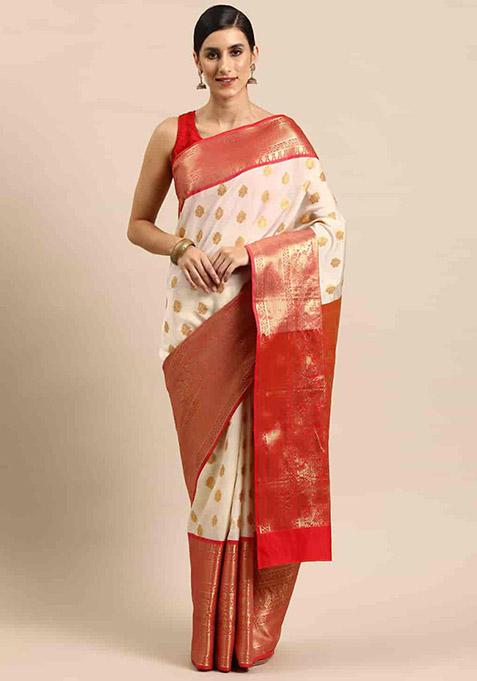 White Zari Embellished Banarasi Kota Silk Cotton Saree Set