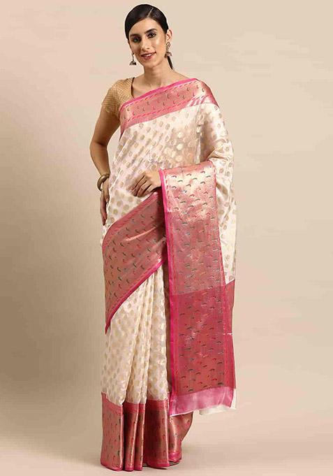 White Zari Embellished Banarasi Kota Silk Saree Set