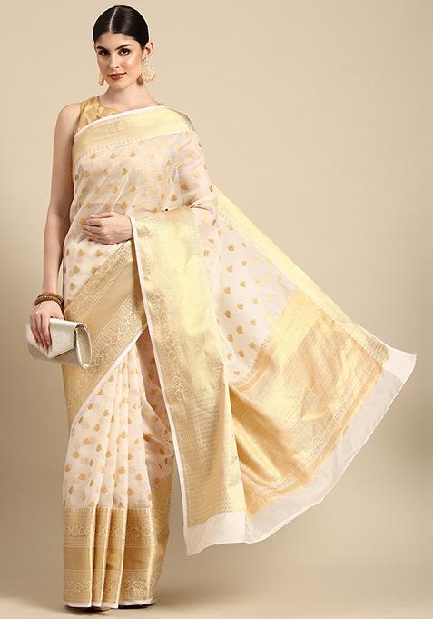 White Floral Embroidered Banarasi Silk Cotton Saree Set