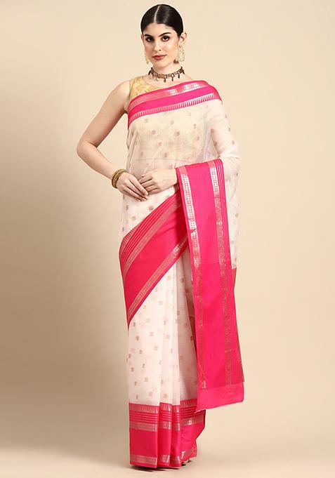 White Floral Embroidered Kota Silk Cotton Saree Set