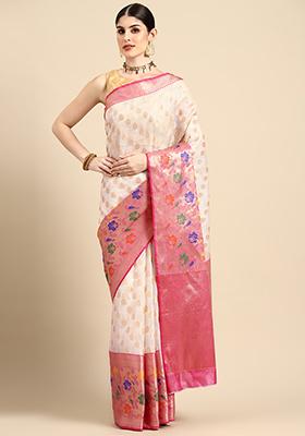 White Floral Embellished Kota Silk Cotton Saree Set