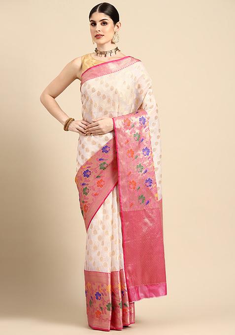 White Floral Embellished Kota Silk Cotton Saree Set