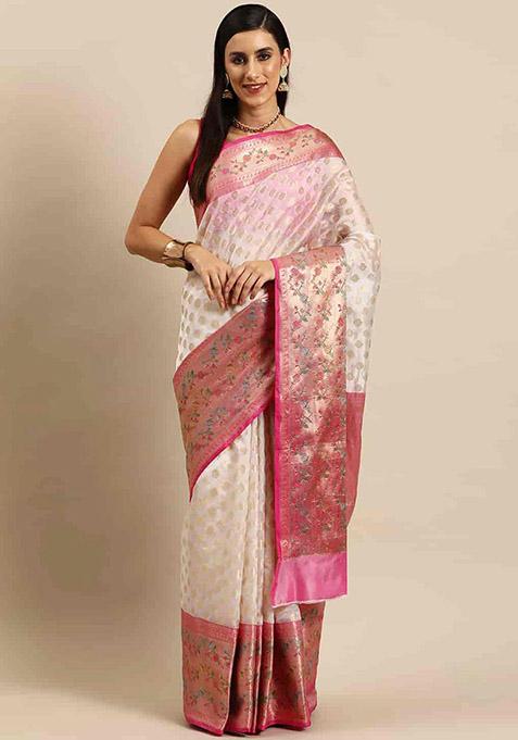 White Floral Embroidered Banarasi Silk Saree Set