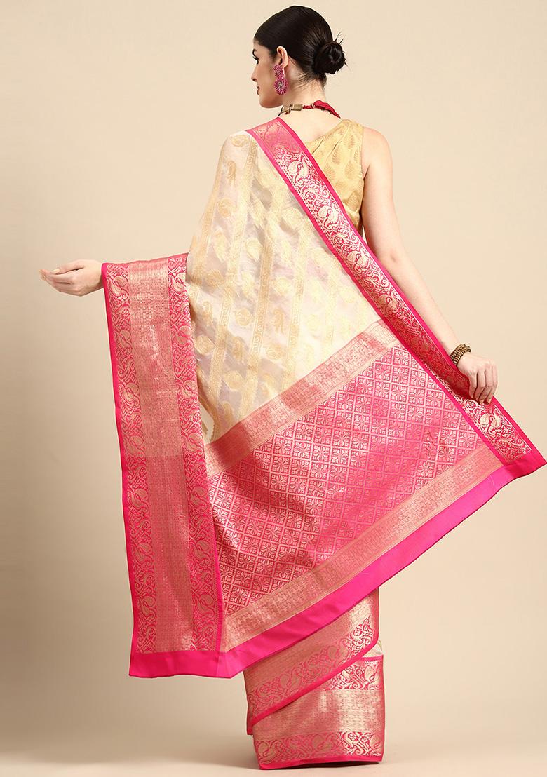 White Floral Embroidered Banarasi Kota Silk Cotton Saree Set