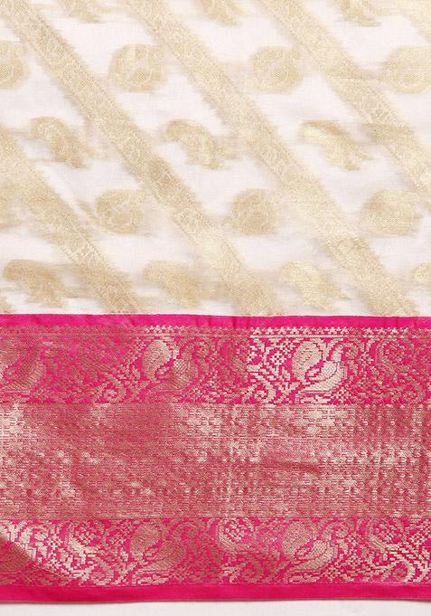 White Floral Embroidered Banarasi Kota Silk Cotton Saree Set