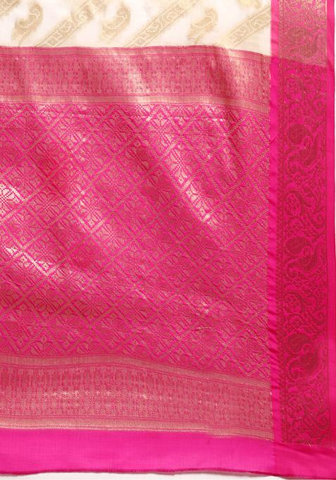 White Floral Embroidered Banarasi Kota Silk Cotton Saree Set