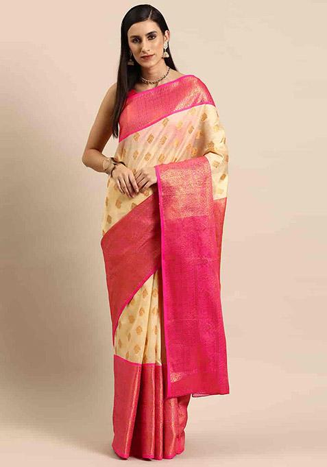 Beige Zari Embroidered Banarasi Kota Silk Cotton Saree Set