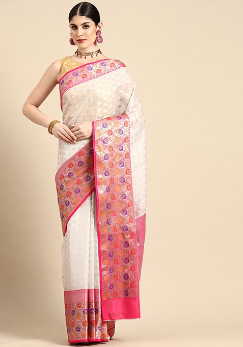 White Floral Embroidered Banarasi Kota Silk Saree Set