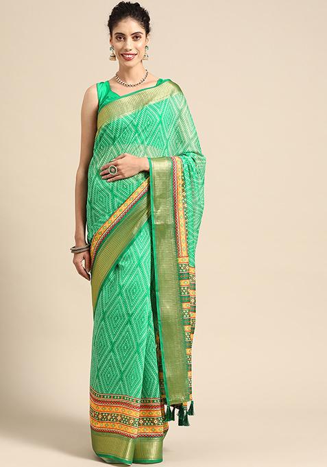 Green Floral Print Silk Cotton Saree Set