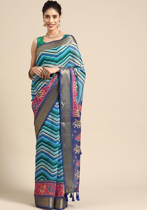 Blue Floral Print Silk Cotton Saree Set