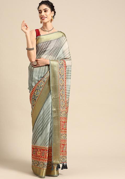 Grey Floral Print Silk Cotton Saree Set