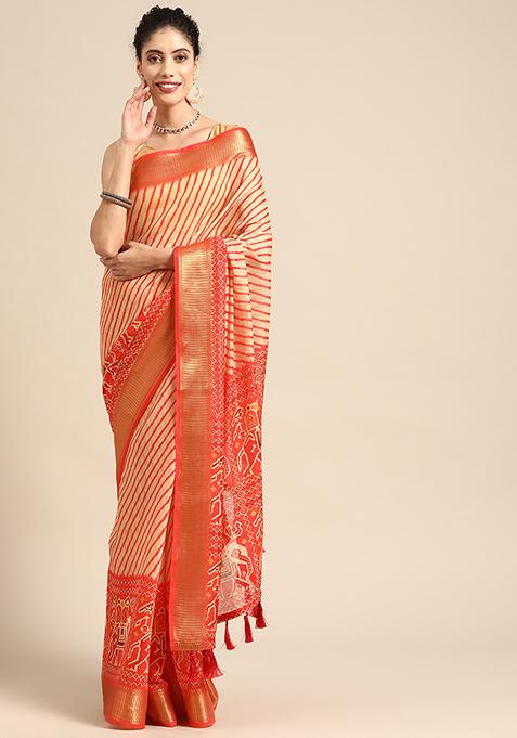 Orange Floral Print Silk Cotton Saree Set