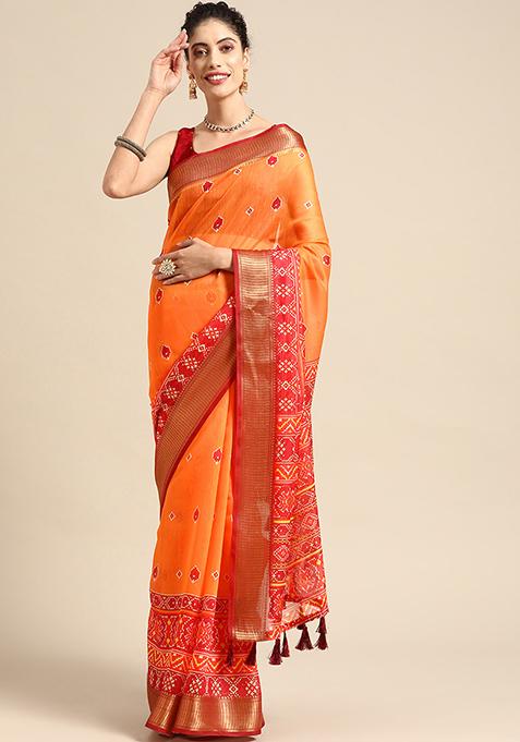 Mustard Floral Print Silk Cotton Saree Set