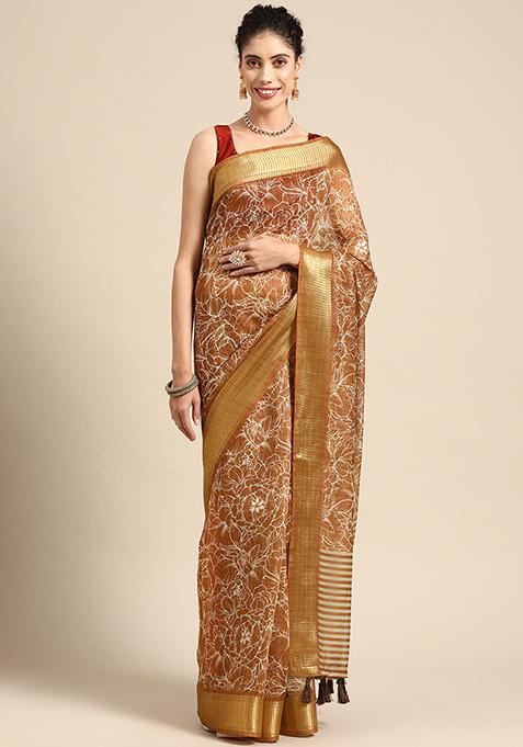 Brown Floral Print Silk Cotton Saree Set