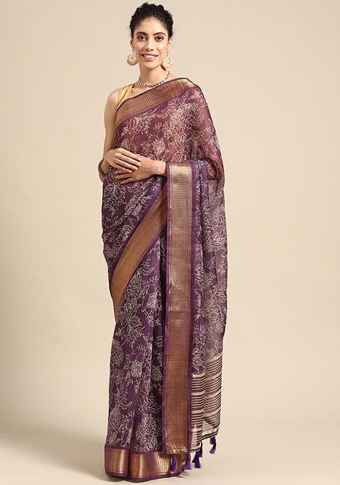 Purple Floral Print Silk Cotton Saree Set