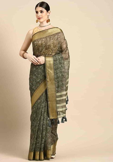 Black Floral Print Silk Cotton Saree Set