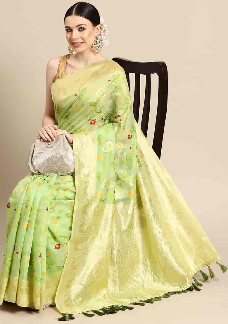 Light Green Floral Thread Embellished Pure Cotton Saree Set