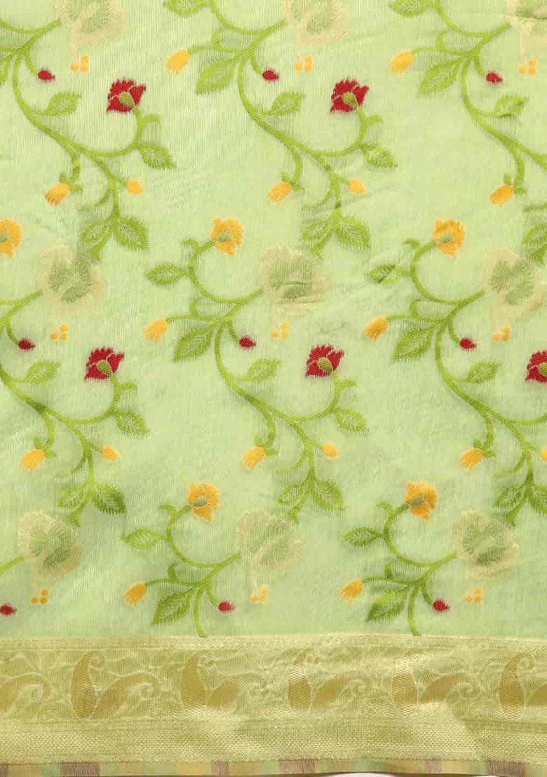 Light Green Floral Thread Embellished Pure Cotton Saree Set