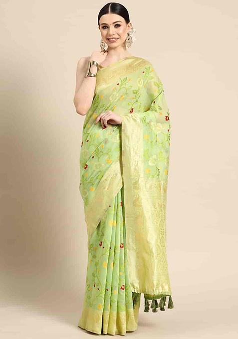 Light Green Floral Thread Embellished Pure Cotton Saree Set