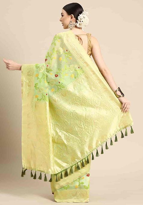 Light Green Floral Thread Embellished Pure Cotton Saree Set