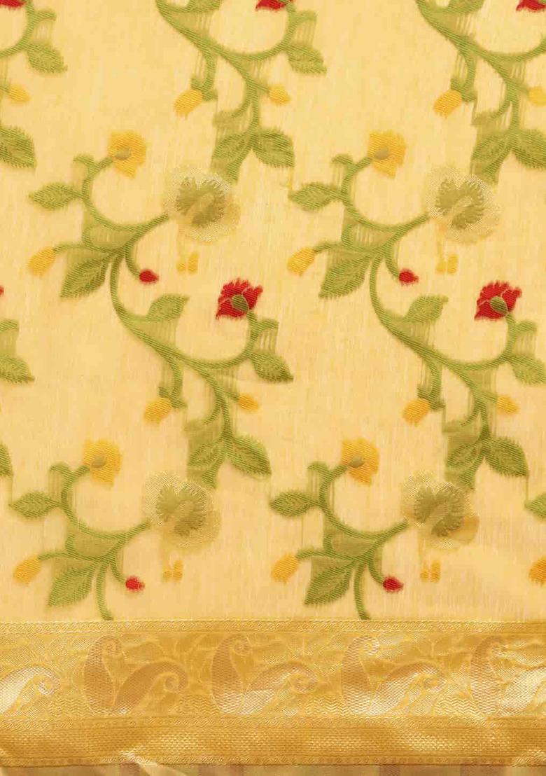 Yellow Floral Thread Embellished Pure Cotton Saree Set